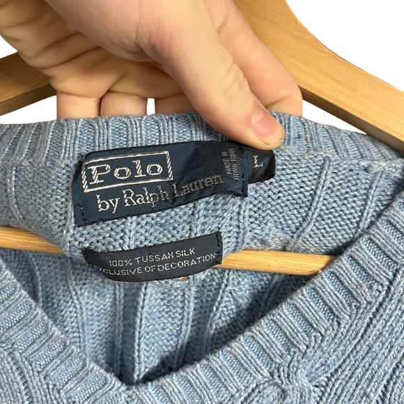 Polo Ralph Lauren Men's Blue Cable Knit Tussah Silk V Neck Sweater Size L - Picture 2 of 4